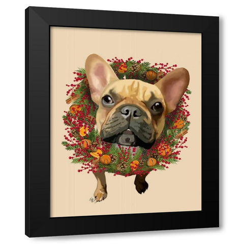 French Bulldog, Cranberry Wreath Black Modern Wood Framed Art Print by Fab Funky