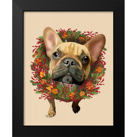 French Bulldog, Cranberry Wreath Black Modern Wood Framed Art Print by Fab Funky