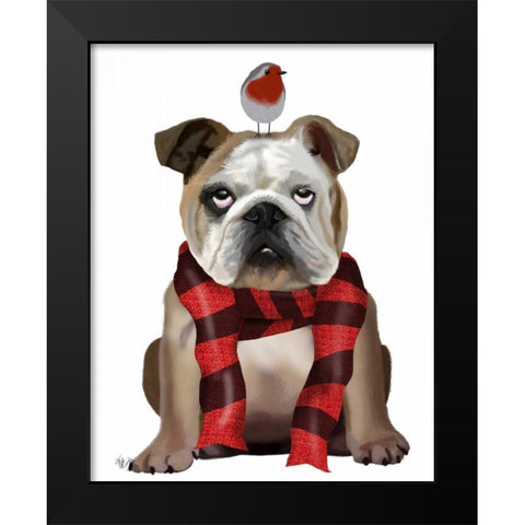 English Bulldog, Scarf and Robin Black Modern Wood Framed Art Print by Fab Funky
