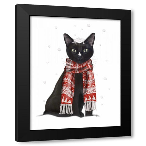 Black Cat, Red Scarf Black Modern Wood Framed Art Print by Fab Funky