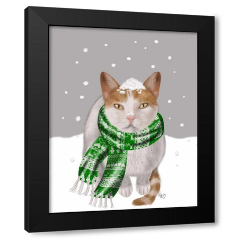 White Cat, Green Scarf Black Modern Wood Framed Art Print with Double Matting by Fab Funky