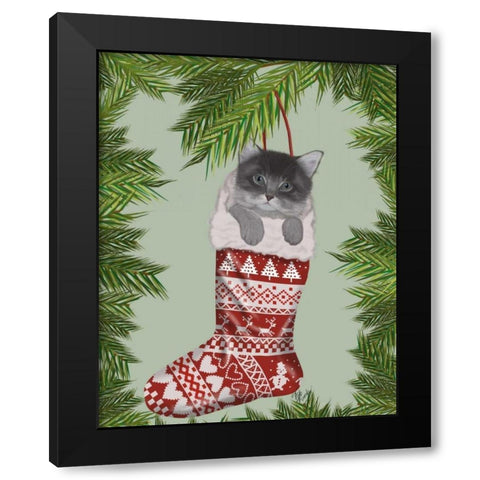 Grey Kitten in Christmas Stocking Black Modern Wood Framed Art Print by Fab Funky