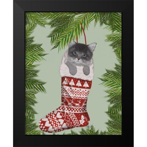 Grey Kitten in Christmas Stocking Black Modern Wood Framed Art Print by Fab Funky