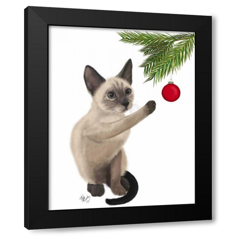 Siamese Cat and Bauble Black Modern Wood Framed Art Print with Double Matting by Fab Funky