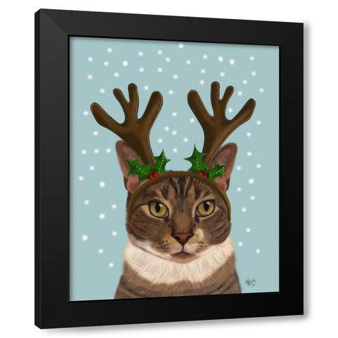 Calico Cat and Antlers Black Modern Wood Framed Art Print by Fab Funky