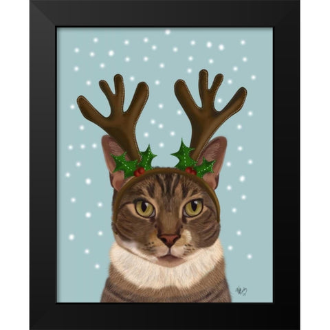 Calico Cat and Antlers Black Modern Wood Framed Art Print by Fab Funky