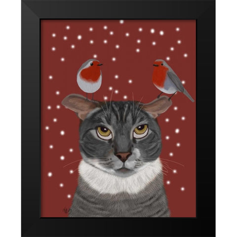 Grey Cat and Robins Black Modern Wood Framed Art Print by Fab Funky
