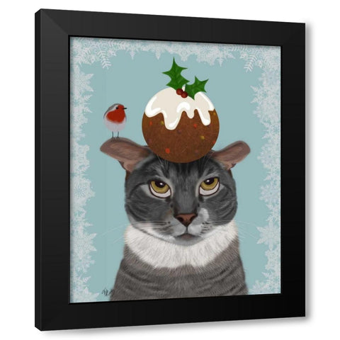 Grey Cat and Christmas Pudding Black Modern Wood Framed Art Print by Fab Funky