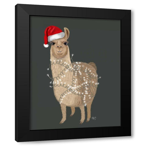 Llama, Christmas Lights 1 Black Modern Wood Framed Art Print with Double Matting by Fab Funky