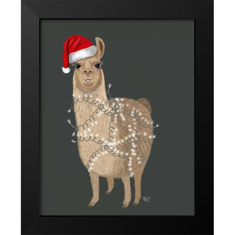Llama, Christmas Lights 1 Black Modern Wood Framed Art Print by Fab Funky