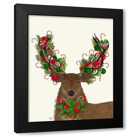 Deer, Candy Cane Wreath Black Modern Wood Framed Art Print by Fab Funky