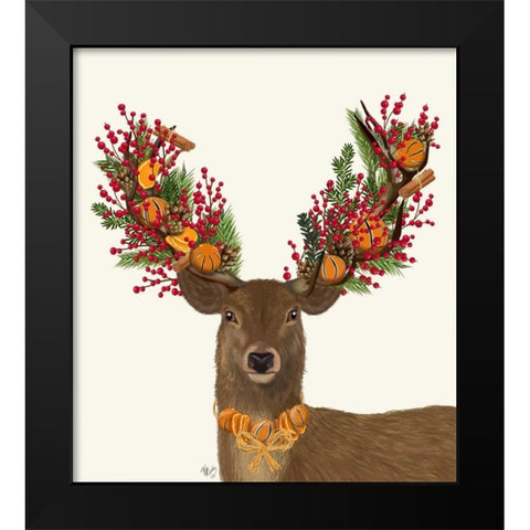 Deer, Cranberry and Orange Wreath Black Modern Wood Framed Art Print by Fab Funky