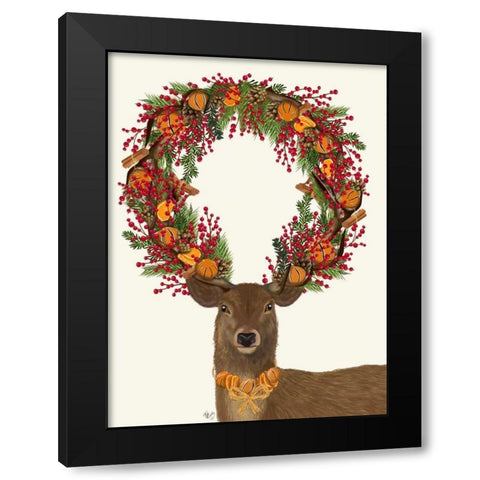 Deer, Cranberry and Orange Wreath, Full Black Modern Wood Framed Art Print by Fab Funky