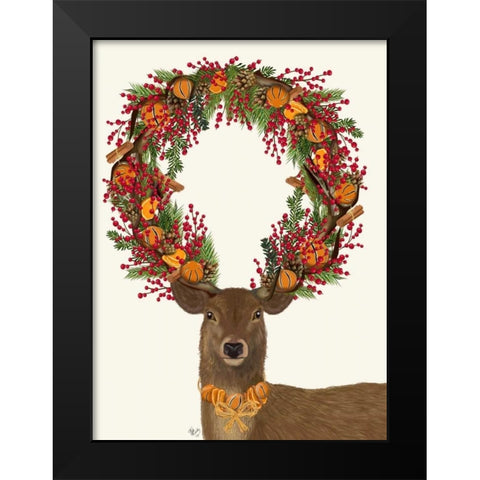 Deer, Cranberry and Orange Wreath, Full Black Modern Wood Framed Art Print by Fab Funky