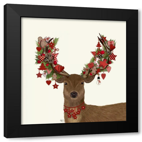 Deer, Homespun Wreath Black Modern Wood Framed Art Print by Fab Funky