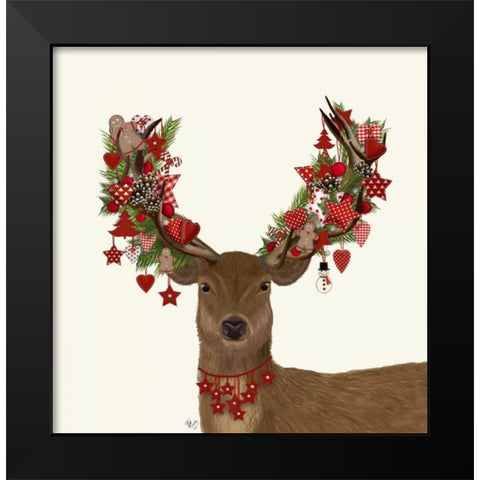 Deer, Homespun Wreath Black Modern Wood Framed Art Print by Fab Funky