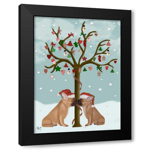 French Bulldogs and Christmas Tree Black Modern Wood Framed Art Print by Fab Funky