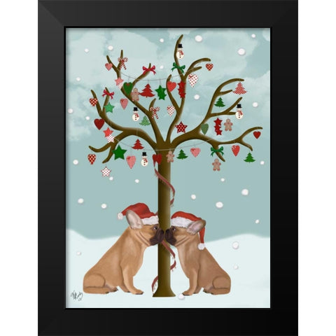 French Bulldogs and Christmas Tree Black Modern Wood Framed Art Print by Fab Funky