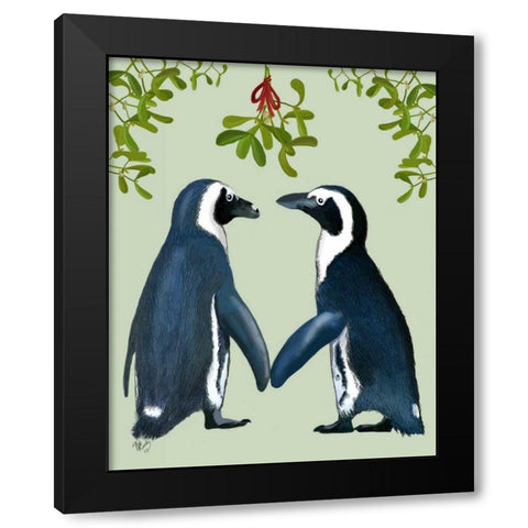 Penguins And Mistletoe Black Modern Wood Framed Art Print with Double Matting by Fab Funky