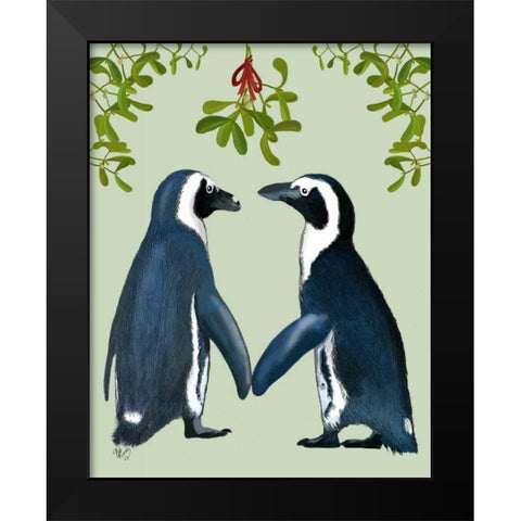 Penguins And Mistletoe Black Modern Wood Framed Art Print by Fab Funky
