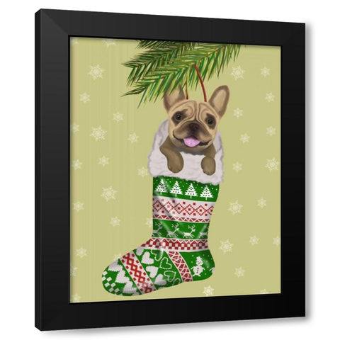 French Bulldog in Christmas Stocking Black Modern Wood Framed Art Print by Fab Funky