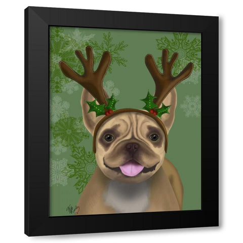 French Bulldog, Antlers 1 Black Modern Wood Framed Art Print with Double Matting by Fab Funky