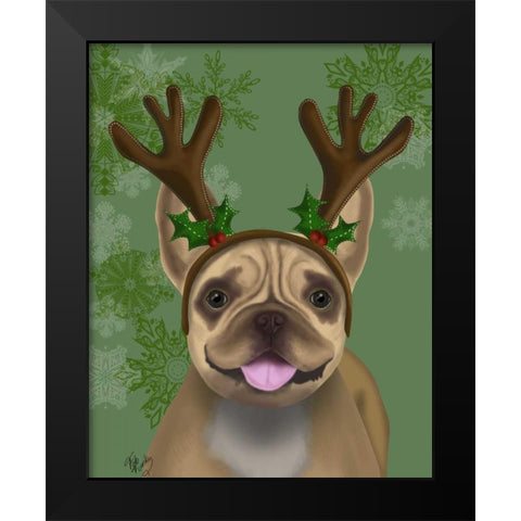 French Bulldog, Antlers 1 Black Modern Wood Framed Art Print by Fab Funky