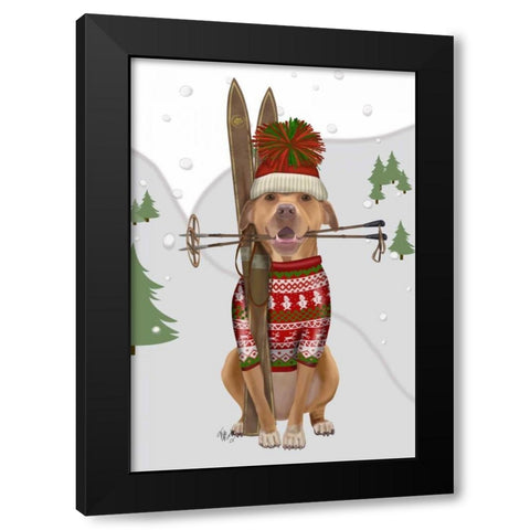 Pitbull Skiing Black Modern Wood Framed Art Print with Double Matting by Fab Funky