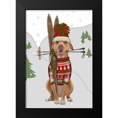 Pitbull Skiing Black Modern Wood Framed Art Print by Fab Funky