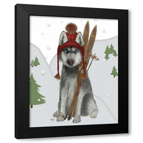 Husky Skiing Black Modern Wood Framed Art Print with Double Matting by Fab Funky