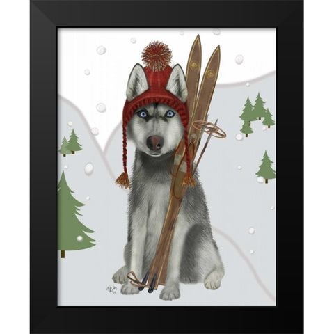Husky Skiing Black Modern Wood Framed Art Print by Fab Funky