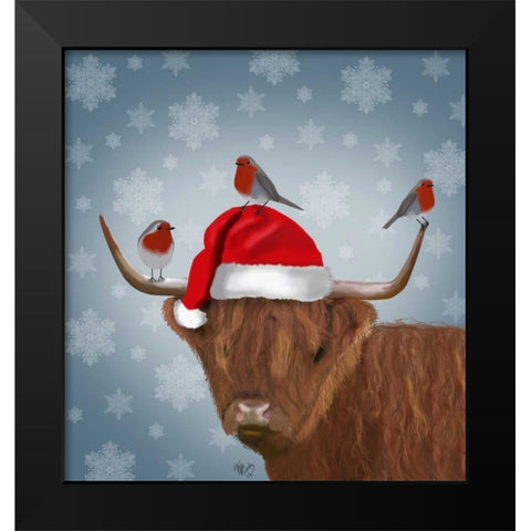 Highland Cow and Robins Black Modern Wood Framed Art Print by Fab Funky