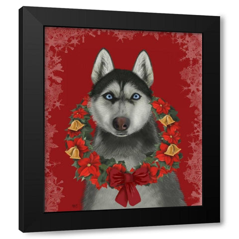 Husky and Poinsettia Wreath Black Modern Wood Framed Art Print by Fab Funky