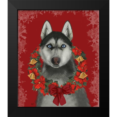 Husky and Poinsettia Wreath Black Modern Wood Framed Art Print by Fab Funky
