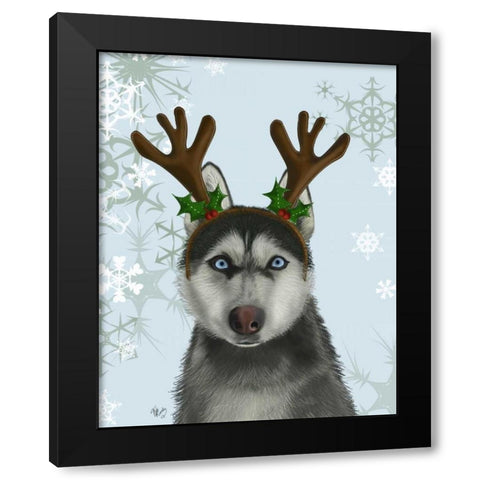 Husky and Antlers Black Modern Wood Framed Art Print by Fab Funky