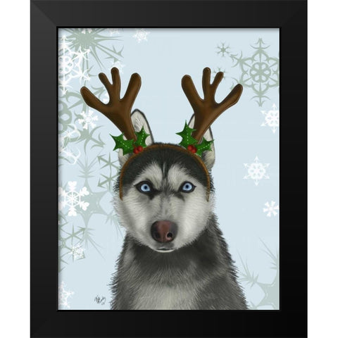 Husky and Antlers Black Modern Wood Framed Art Print by Fab Funky