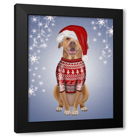 Pitbull in Christmas Sweater Black Modern Wood Framed Art Print by Fab Funky
