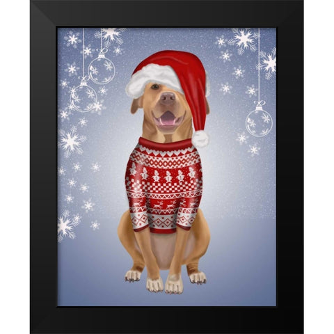 Pitbull in Christmas Sweater Black Modern Wood Framed Art Print by Fab Funky