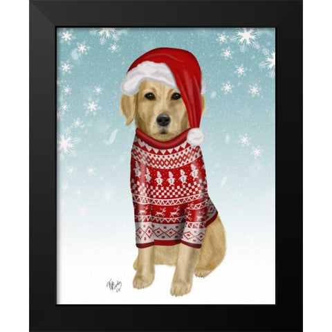 Golden Retriever in Christmas Sweater Black Modern Wood Framed Art Print by Fab Funky