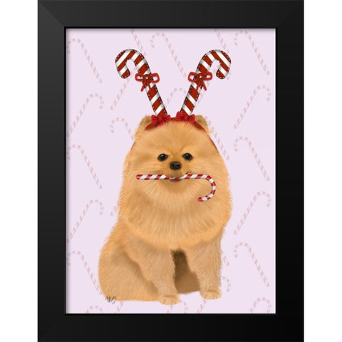 Pomeranian and Candy Canes Black Modern Wood Framed Art Print by Fab Funky
