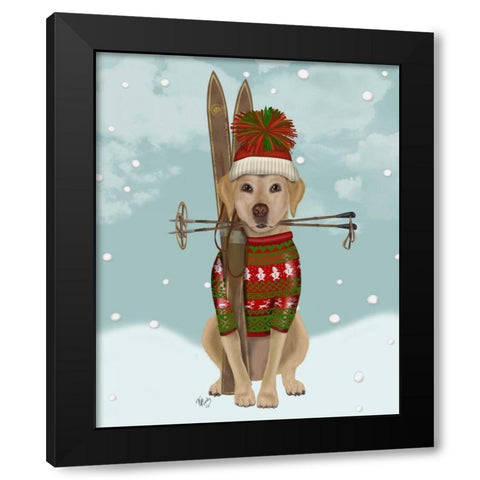 Yellow Labrador, Skiing Black Modern Wood Framed Art Print with Double Matting by Fab Funky