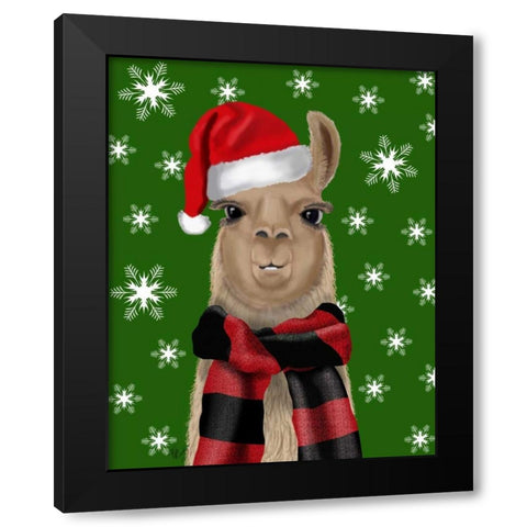 Llama, Christmas Hat Black Modern Wood Framed Art Print by Fab Funky