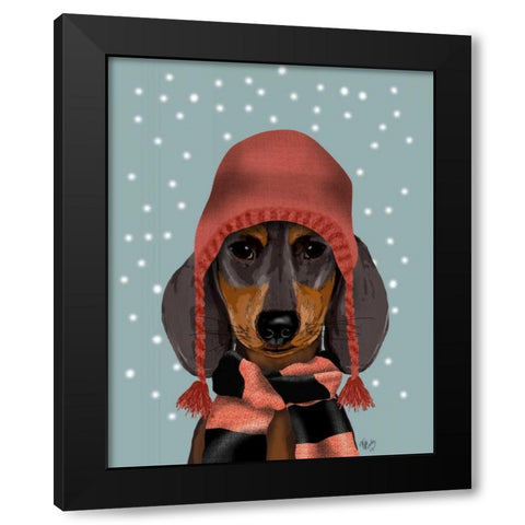 Dachshund With Woolly Hat and Scarf Black Modern Wood Framed Art Print by Fab Funky