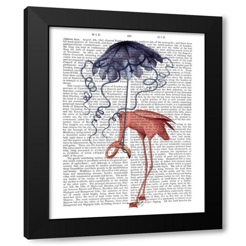 Flamingo and Parasol Black Modern Wood Framed Art Print by Fab Funky