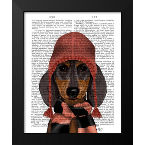 Dachshund in Pink Hat and Scarf Black Modern Wood Framed Art Print by Fab Funky