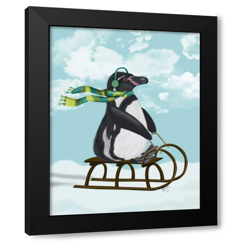 Penguin On Sled Black Modern Wood Framed Art Print with Double Matting by Fab Funky