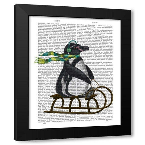 Penguin On Sled Black Modern Wood Framed Art Print with Double Matting by Fab Funky