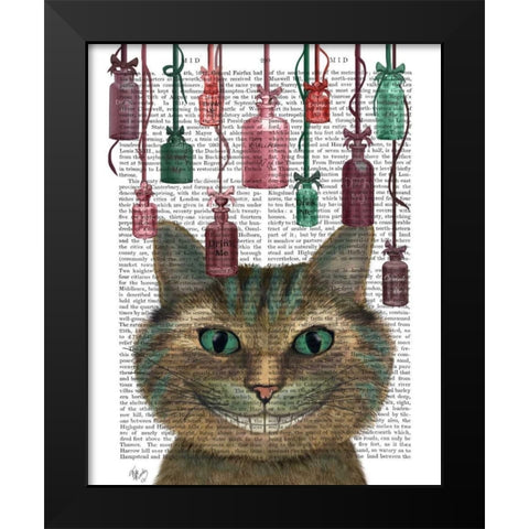 Cheshire Cat and Bottles Black Modern Wood Framed Art Print by Fab Funky
