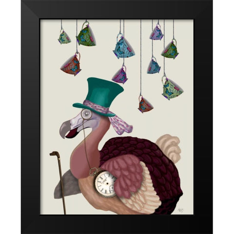 Dodo with Hanging Teacups Black Modern Wood Framed Art Print by Fab Funky