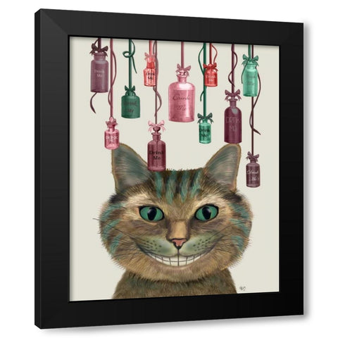 Cheshire Cat and Bottles Black Modern Wood Framed Art Print by Fab Funky